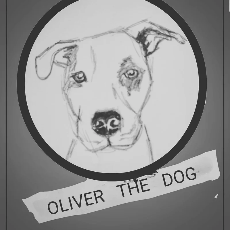 Oliver the Dog — retrato a lápiz con collage de lettering