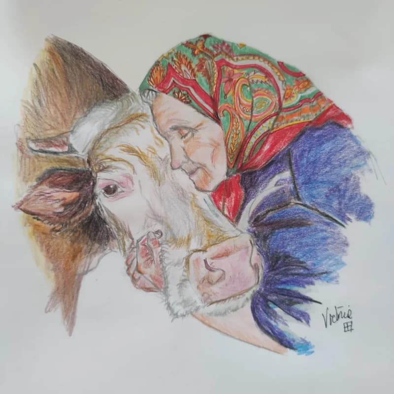 La Abuela y el Toro — retrato empático a lápiz de colores