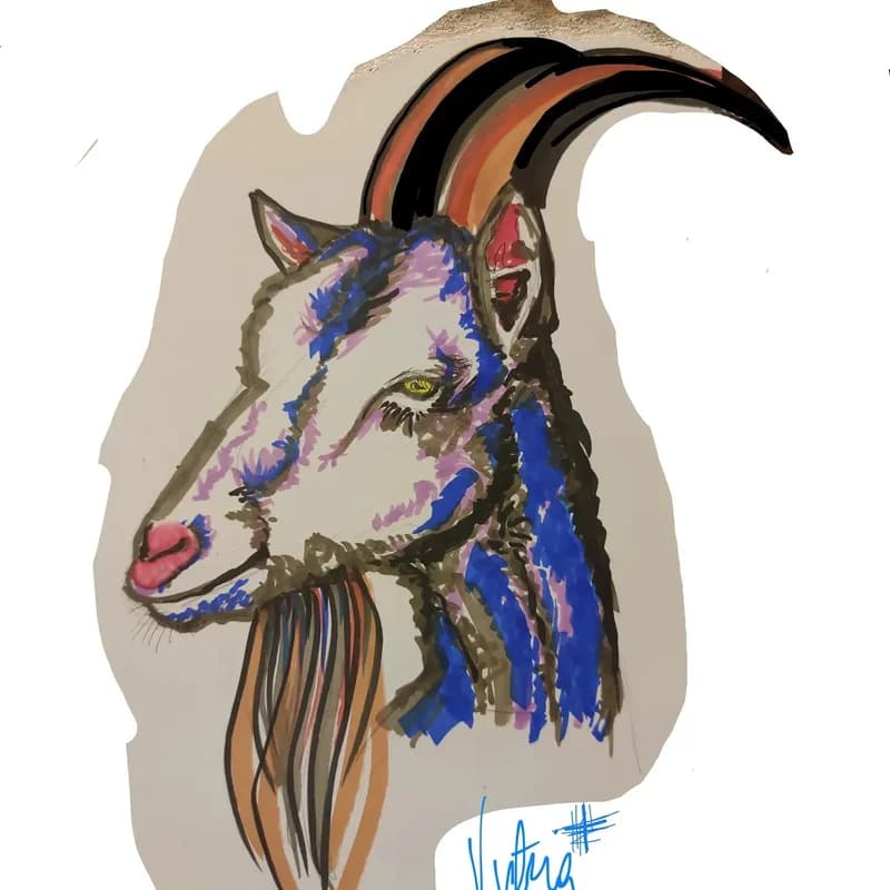 Cabra de cuernos largos — tinta y acuarela, cuernos ocre y rostro azul