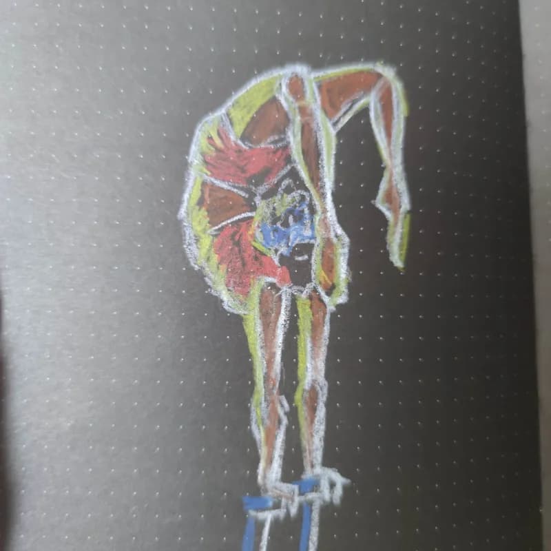 La Acróbata — figura circense en pastel sobre cuaderno oscuro