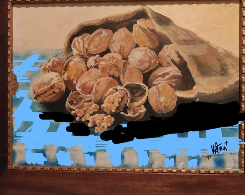 Bodegón intervenido — óleo clásico con intervención gestual azul y negro